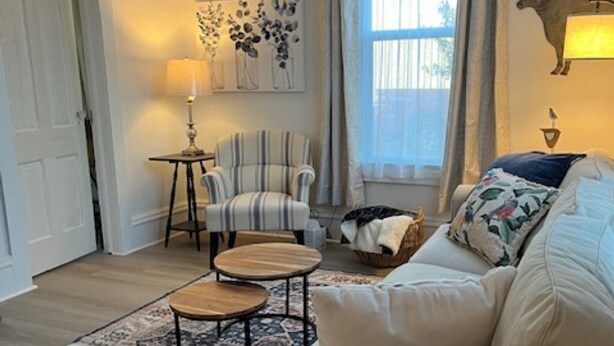 A living room with a sofa, armchairs, a coffee table, a rug, and a lamp. - Charming 2-bedroom home in Odessa (Odessa)