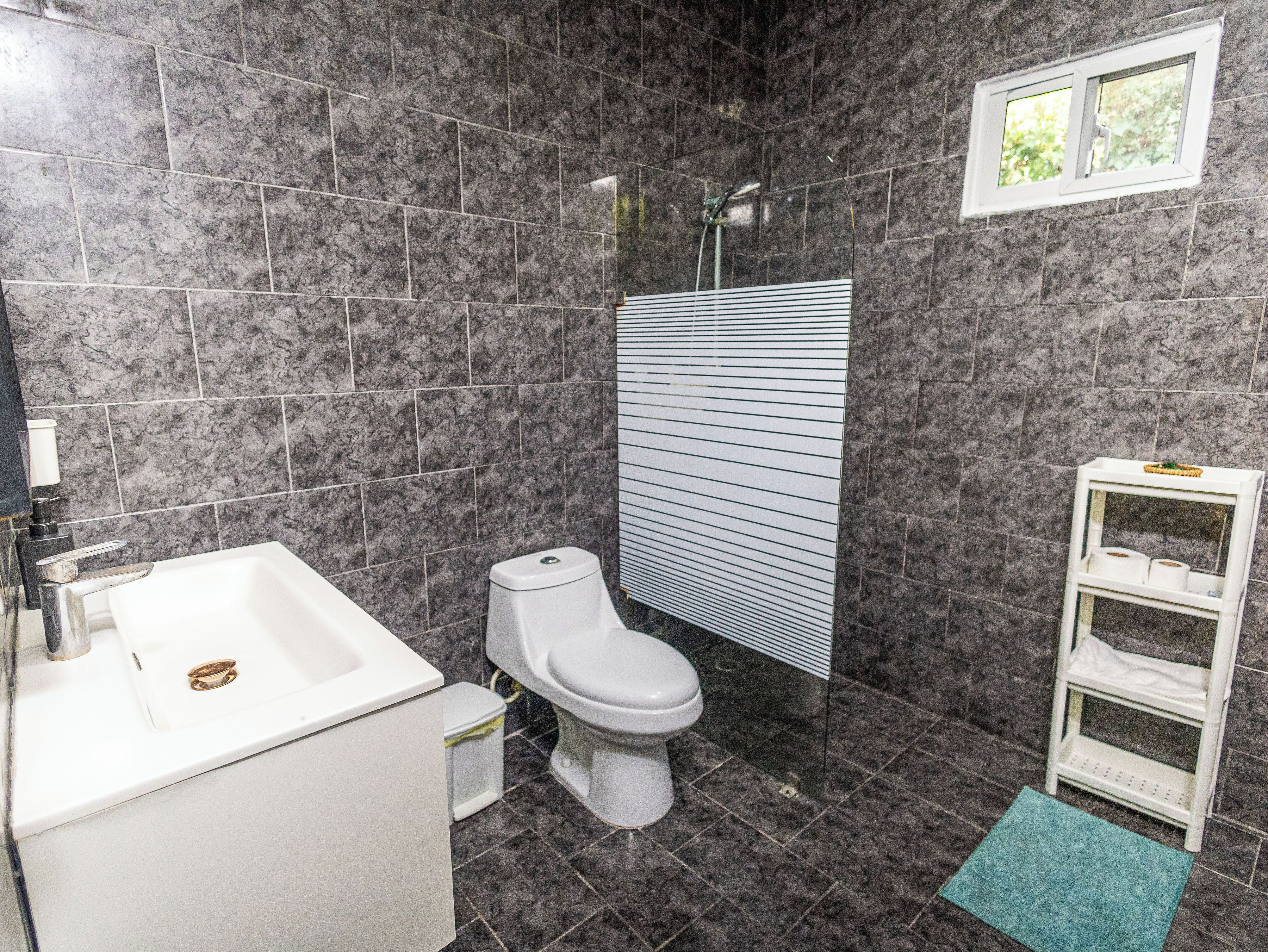 Serviettes fournies, savon, shampooing, papier de toilette