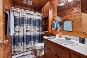 Ein Badezimmer in einer Holzhütte mit einem Karo-Duschvorhang, einer weißen Toilette, Holzschränken und einem Waschbecken mit Spiegel darüber.