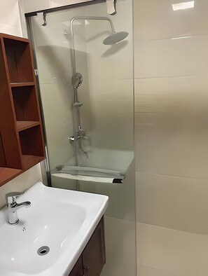 Shower, bidet, towels, toilet paper
