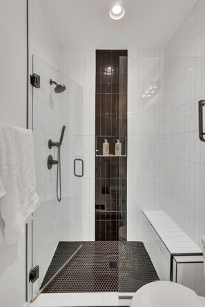 Chuveiro, secador de cabelo, toalhas de banho, sabonete