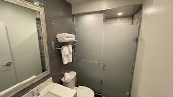 A modern bathroom with a large mirror, a sink, a toilet, and a glass-enclosed shower.