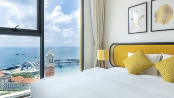 Apartamento panorâmico, sacada, vista para a praia | Roupas de cama premium