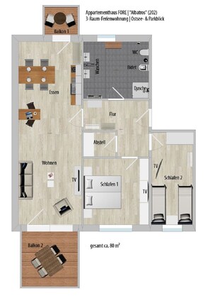 A 3-room apartment layout with a balcony, a bathroom, a living area, a dining area, a TV room, and a small kitchen.