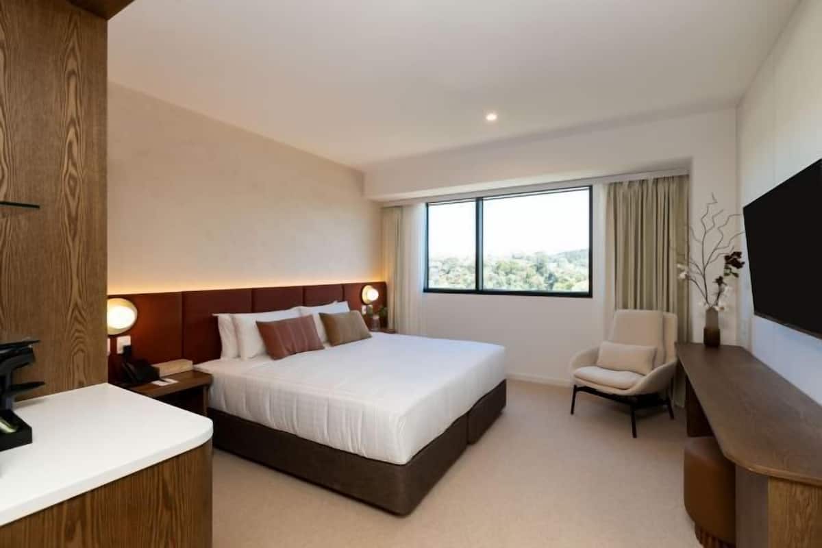 Une chambre d’hôtel avec un grand lit, des tables de chevet, une télévision, une chaise et une fenêtre donnant sur un beau paysage.