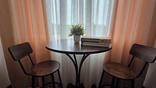 Una pequeña mesa redonda con dos sillas, una planta en maceta y una pila de libros.