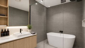 Shower, hair dryer, towels, soap