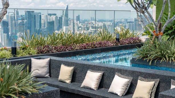 Una piscina en la azotea con vistas al horizonte urbano, un espacio de descanso con cojines y diversas plantas.