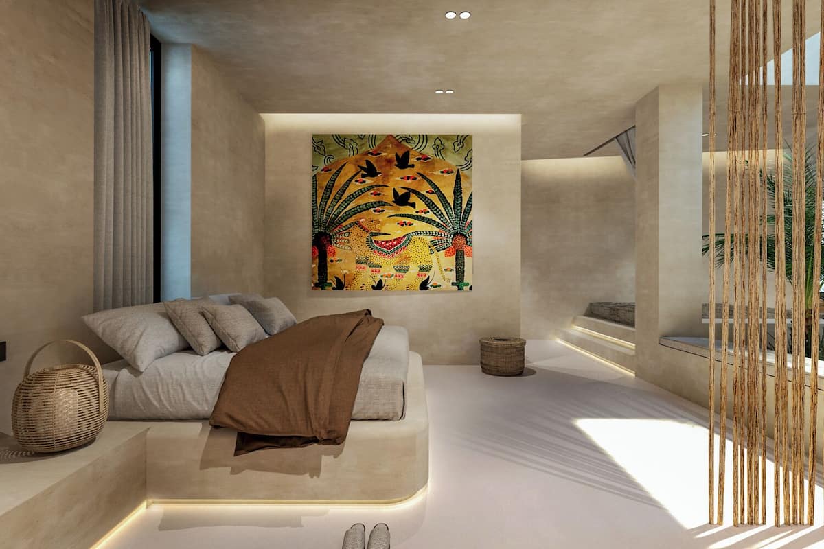 Une chambre moderne avec un grand lit, un tableau accroché au mur et un escalier.