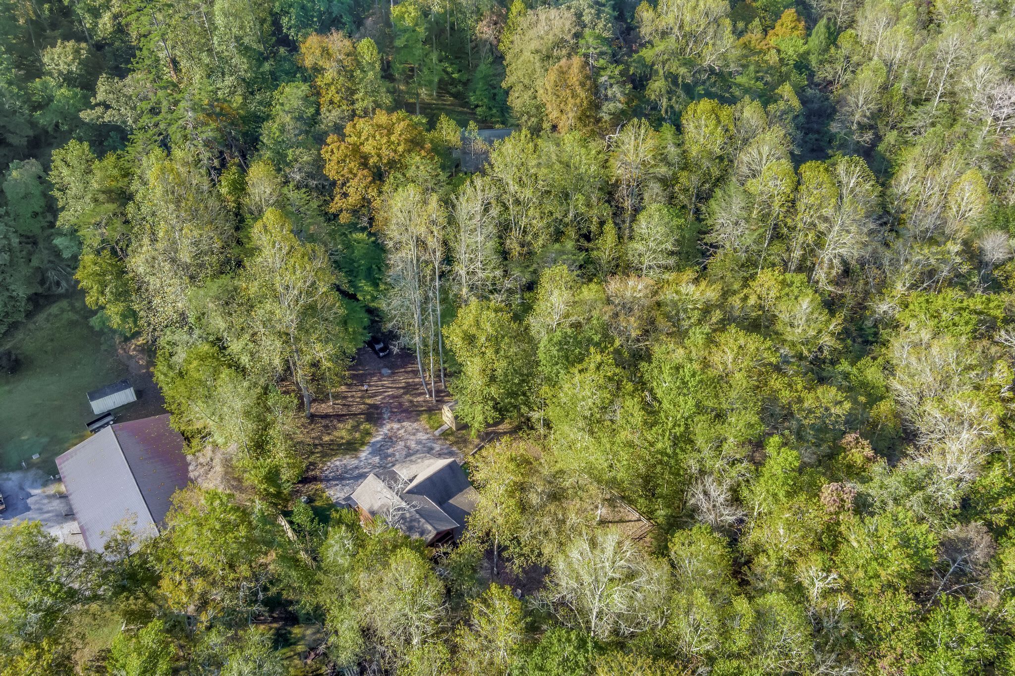 An aerial view of a forested area with a small building and a paved path.