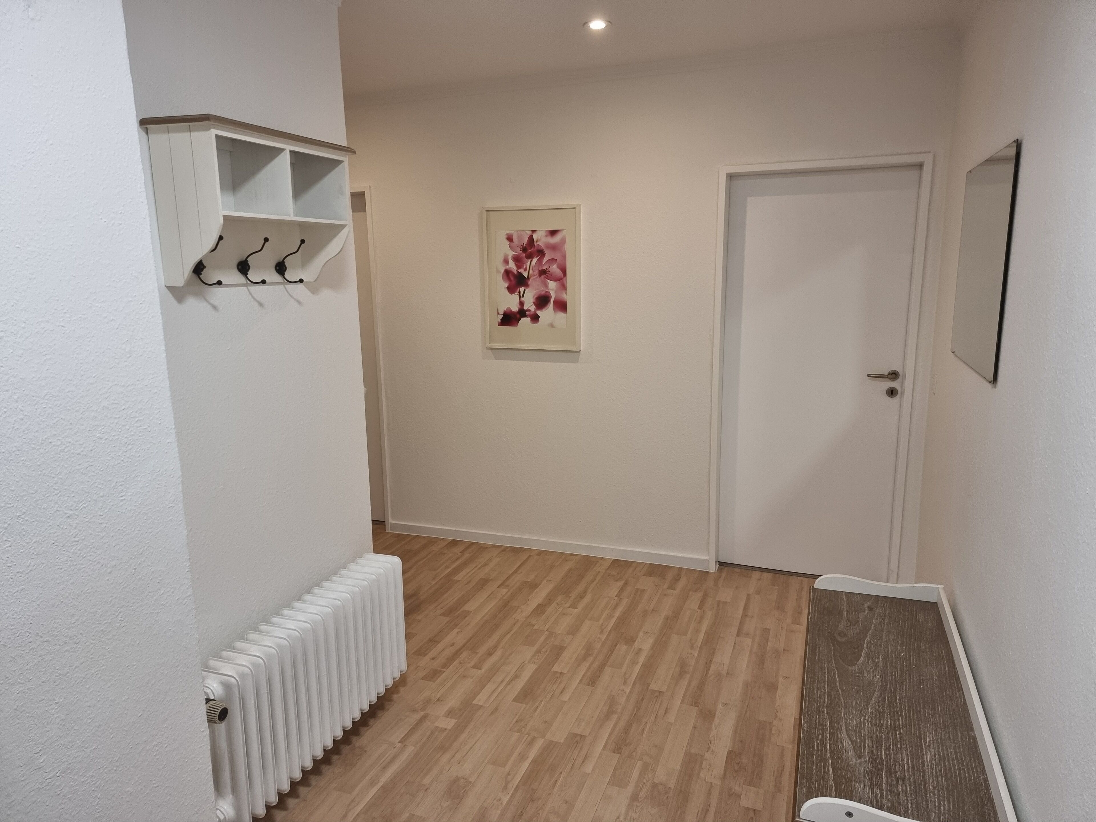 Ein Flur mit Heizkörper, Kleiderhaken, einer Tür und einem gerahmten Bild an der Wand.