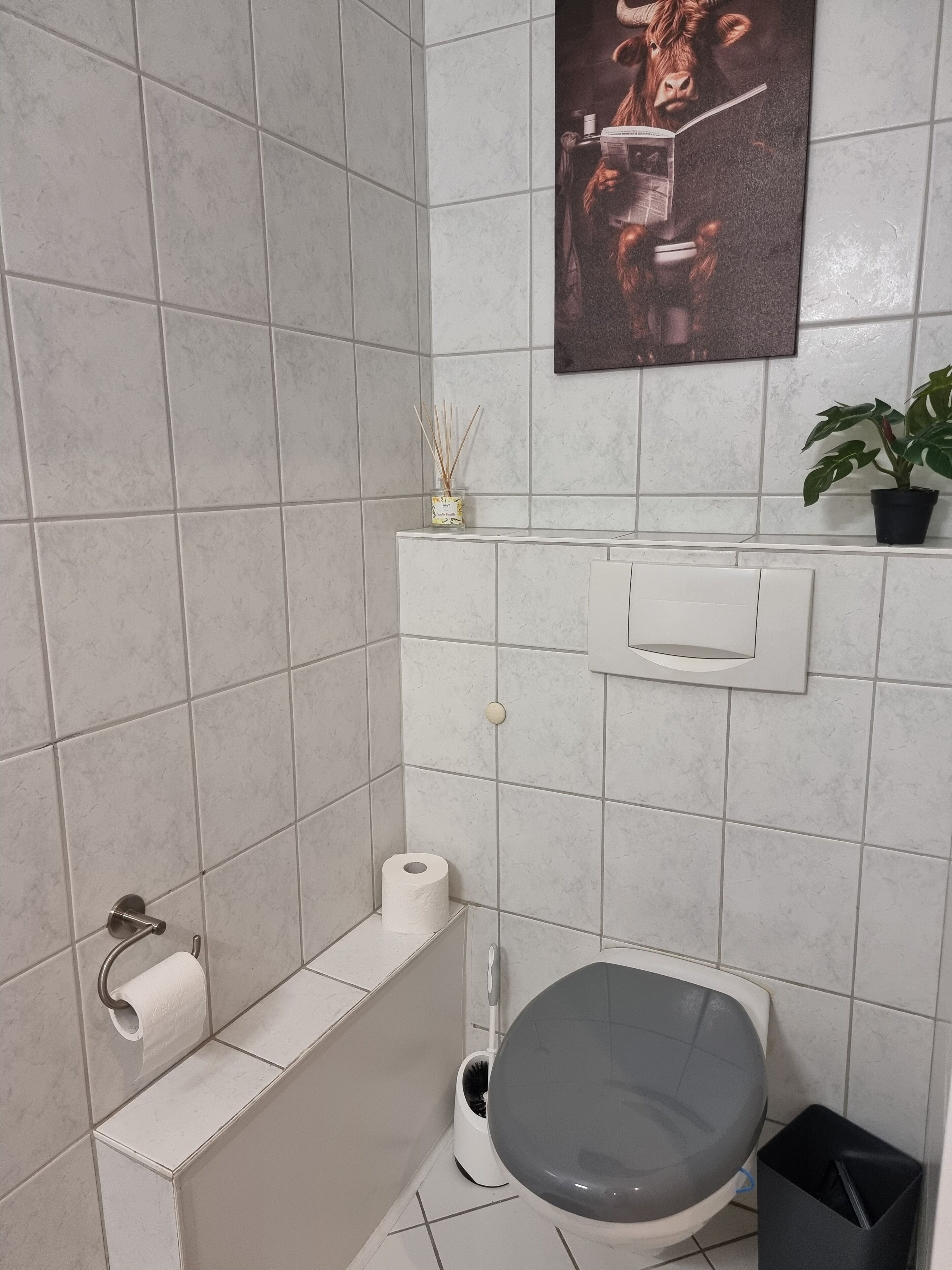 A bathroom with a toilet, a bidet, a toilet paper holder, a trash bin, a small potted plant, and a wall-mounted shelf with a decorative item.