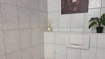 A bathroom with a toilet, a bidet, a toilet paper holder, a trash bin, a small potted plant, and a wall-mounted shelf with a decorative item.