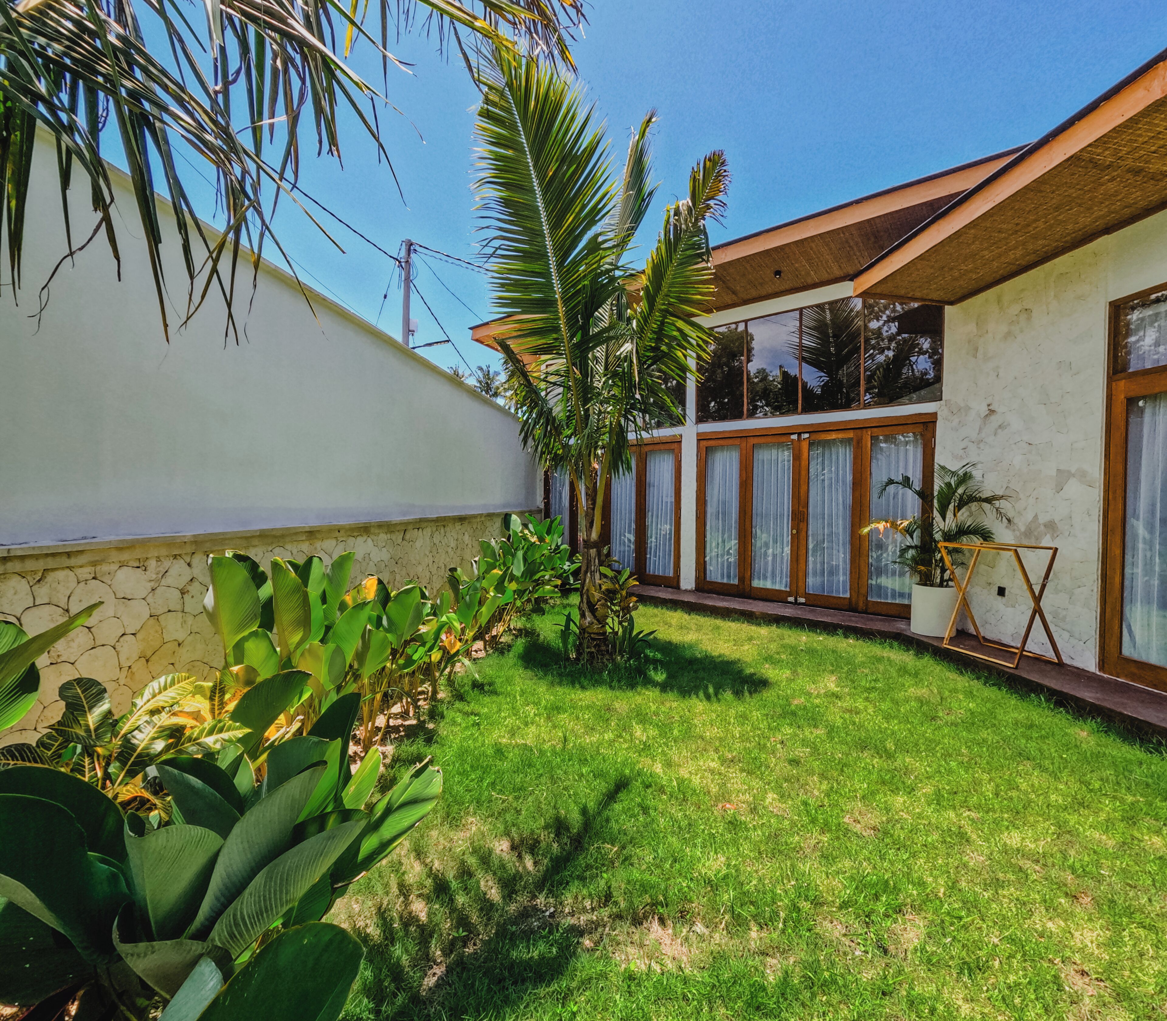 A courtyard with a lawn, palm trees, and a building with large windows and a stone wall.