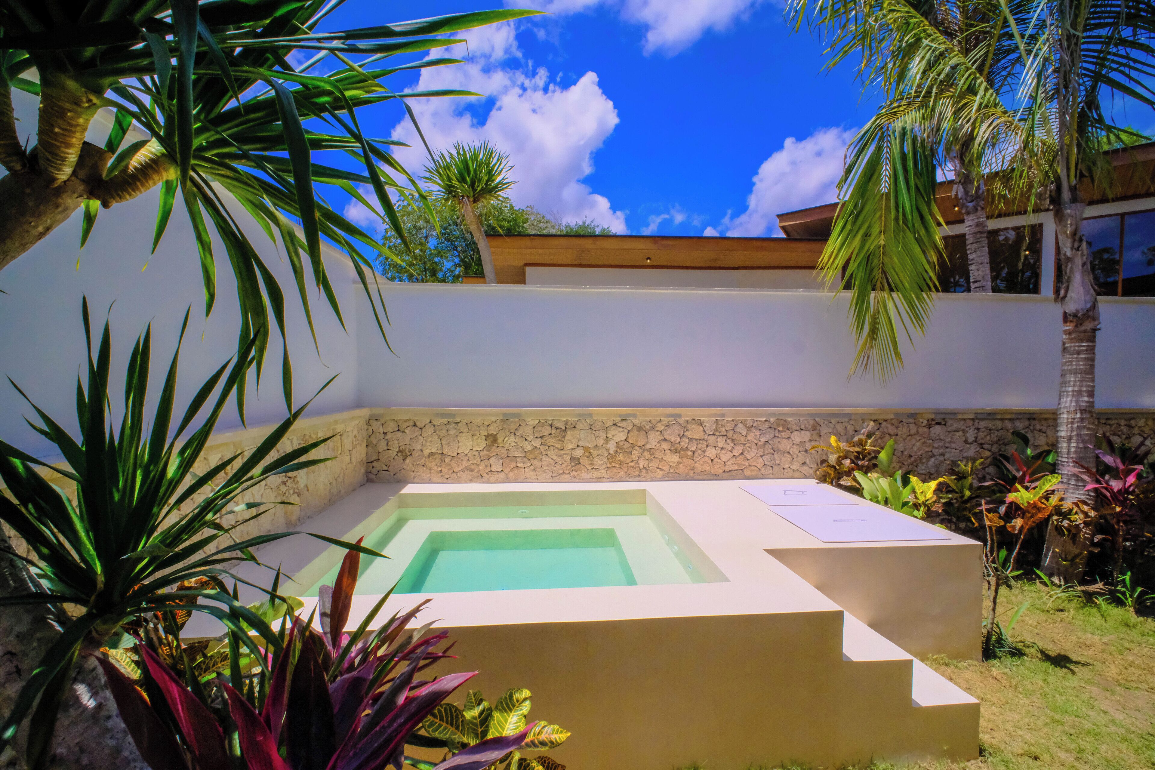 Un área de piscina moderna al aire libre con una pared de piedra, rodeada de plantas tropicales y palmeras.