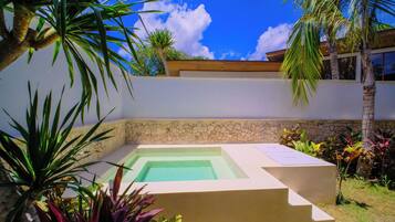 Un área de piscina moderna al aire libre con una pared de piedra, rodeada de plantas tropicales y palmeras.