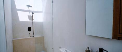 A small, bright bathroom with a skylight, a sink, and a toilet.