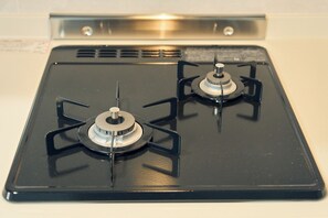 Fridge, microwave, stovetop, electric kettle