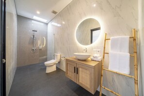 Shower, hair dryer, bidet, towels