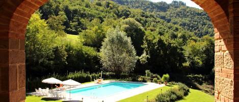 A pool area with a view of a forested hillside through an arched brick structure.
