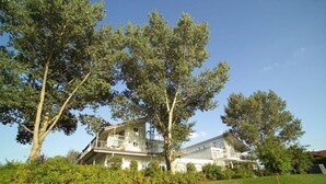 A two-story house with a balcony and a large tree in front. - Elegant eingerichtete Ferienwohnung (Granzow)