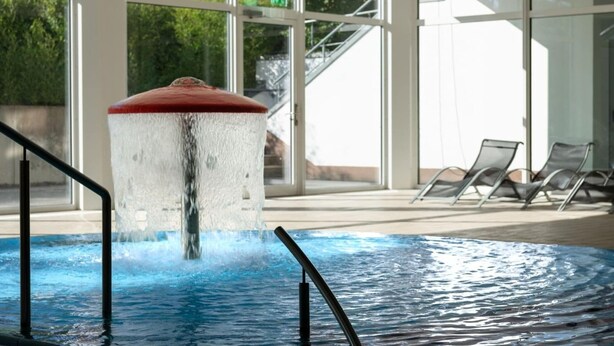A swimming pool with a water feature, surrounded by glass walls and lounge chairs. - Elegant eingerichtete Ferienwohnung (Granzow)