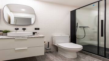 Shower, hair dryer, towels, shampoo