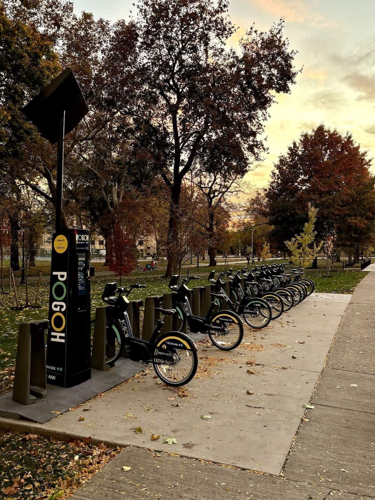 Una estación de bicicletas compartidas con varias bicicletas aparcadas en fila, rodeada de árboles y una acera.