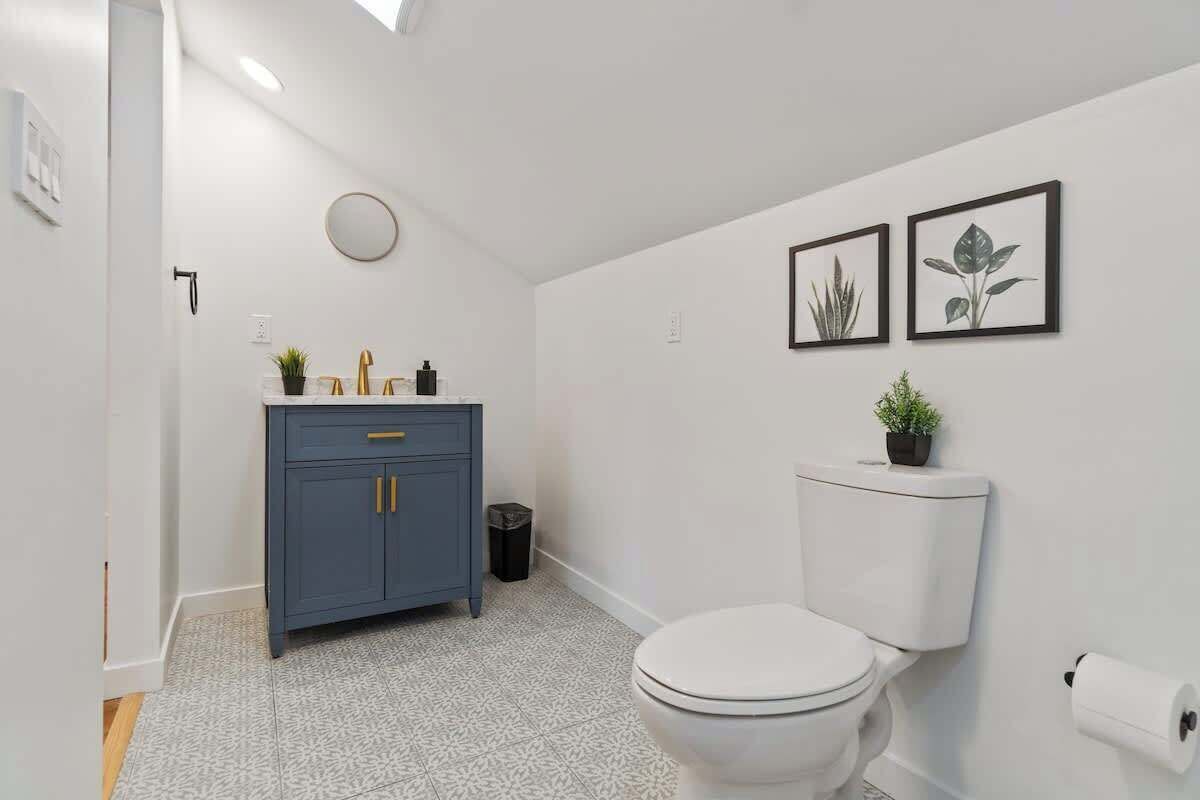 A modern bathroom with a white toilet, a blue vanity with gold handles, and two framed botanical prints on the wall.