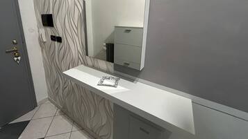 Shower, hair dryer, bidet, towels