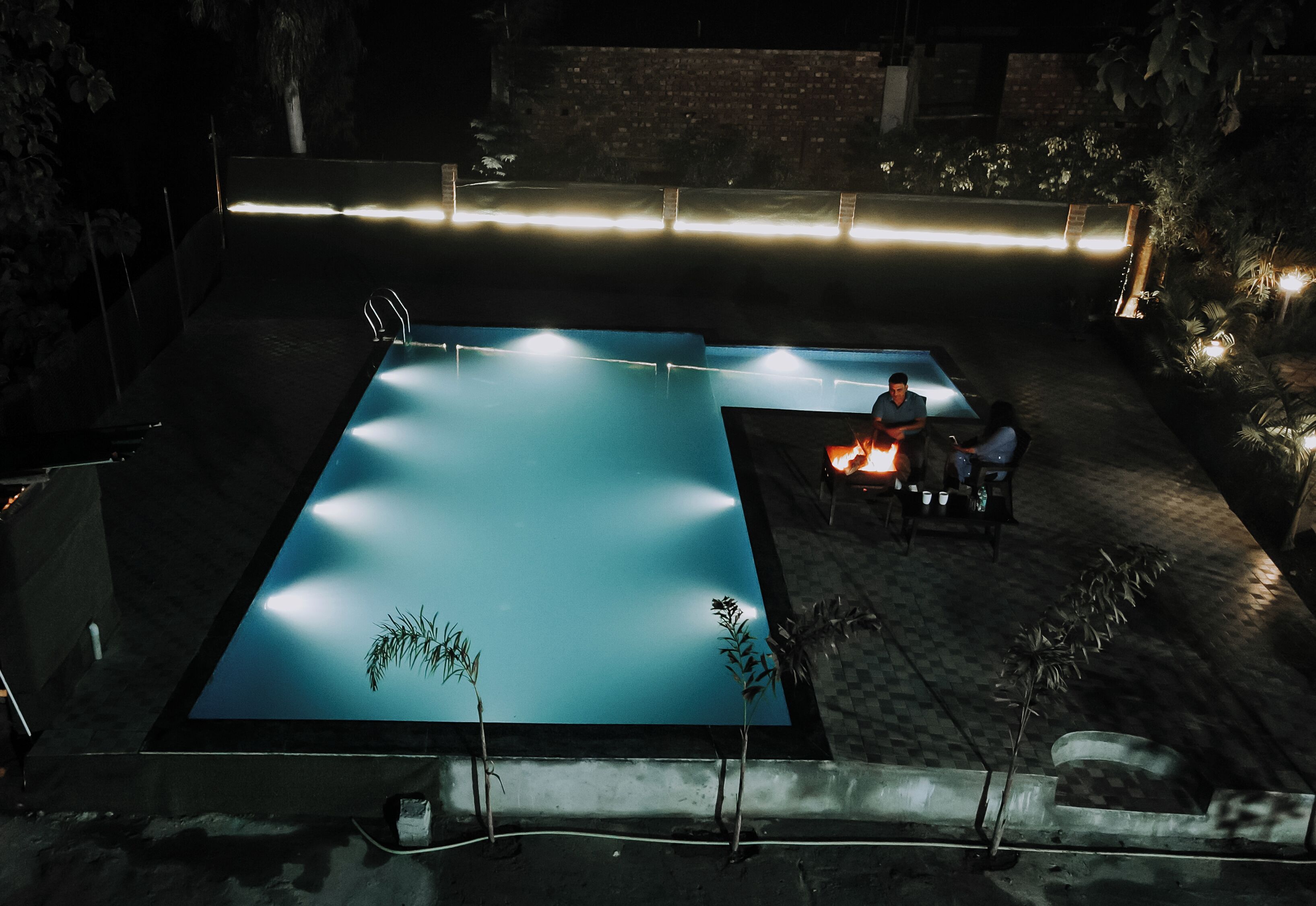 An outdoor swimming pool with a tiled deck, surrounded by plants and a low wall.