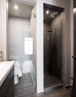 Shower, hair dryer, towels, shampoo