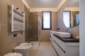 Shower, hair dryer, bidet, towels