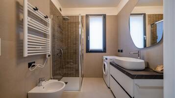 Shower, hair dryer, bidet, towels