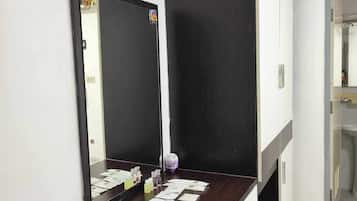 Hair dryer, towels, soap, shampoo