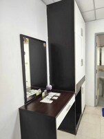 Hair dryer, towels, soap, shampoo