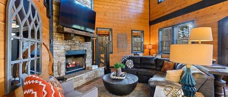 Smart TV, fireplace, foosball