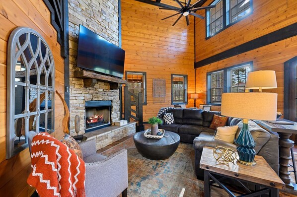 Smart TV, fireplace, foosball