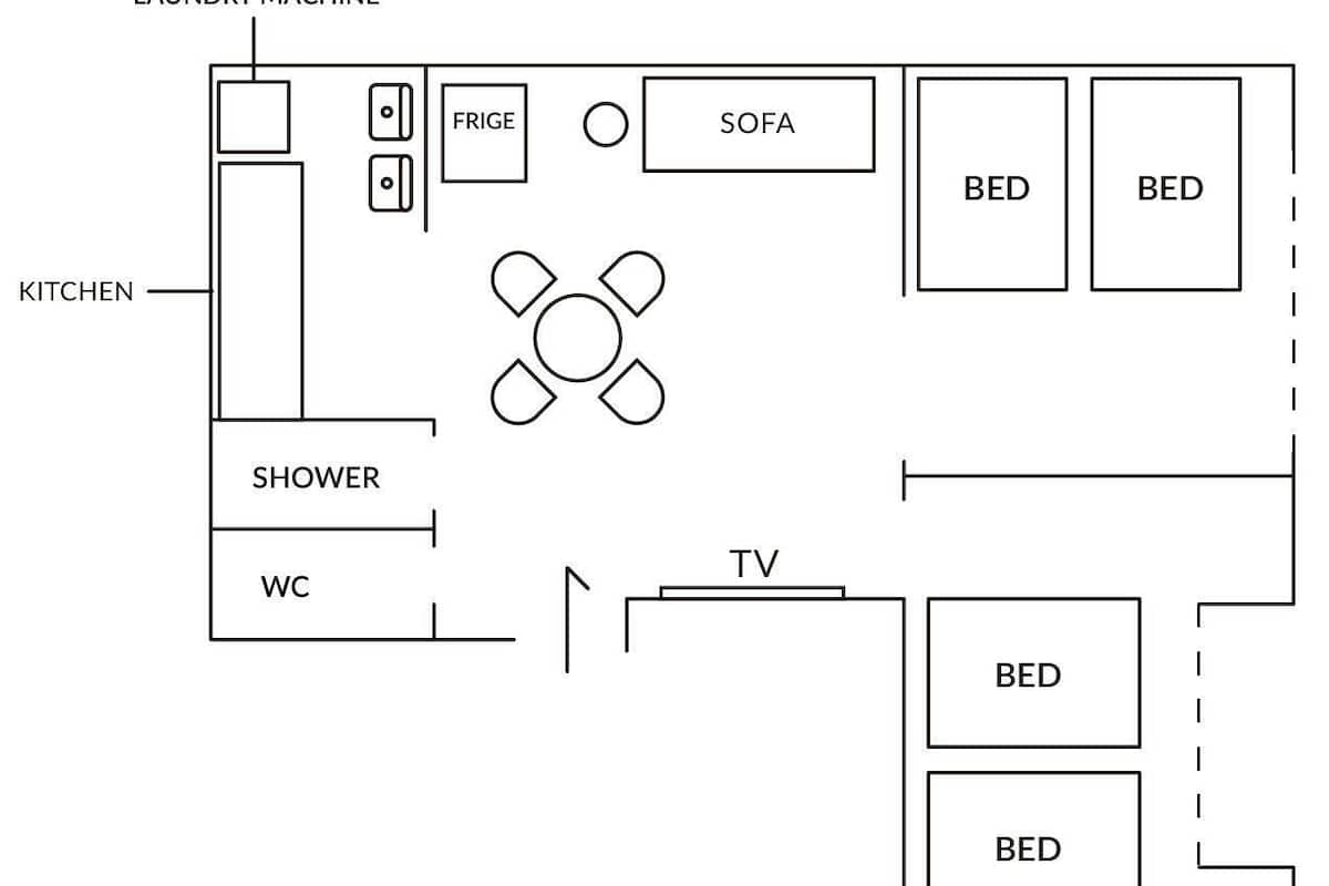 A floor plan with a kitchen, laundry machine, fridge, sofa, two beds, a TV, a shower, and a WC.