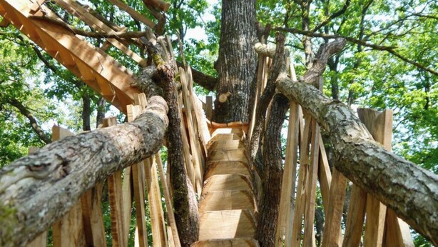 A wooden suspension bridge with a central wooden pathway surrounded by tree trunks. - Cabane perchée Arbràmâne (5 people) (Vittel)