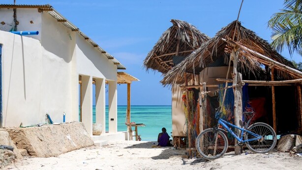 A beachside building with a thatched roof, a bicycle, and a person sitting near the water. - Saba house 24 (Paje)