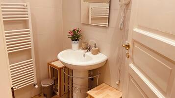 A compact bathroom with a sink, mirror, and hairdryer.