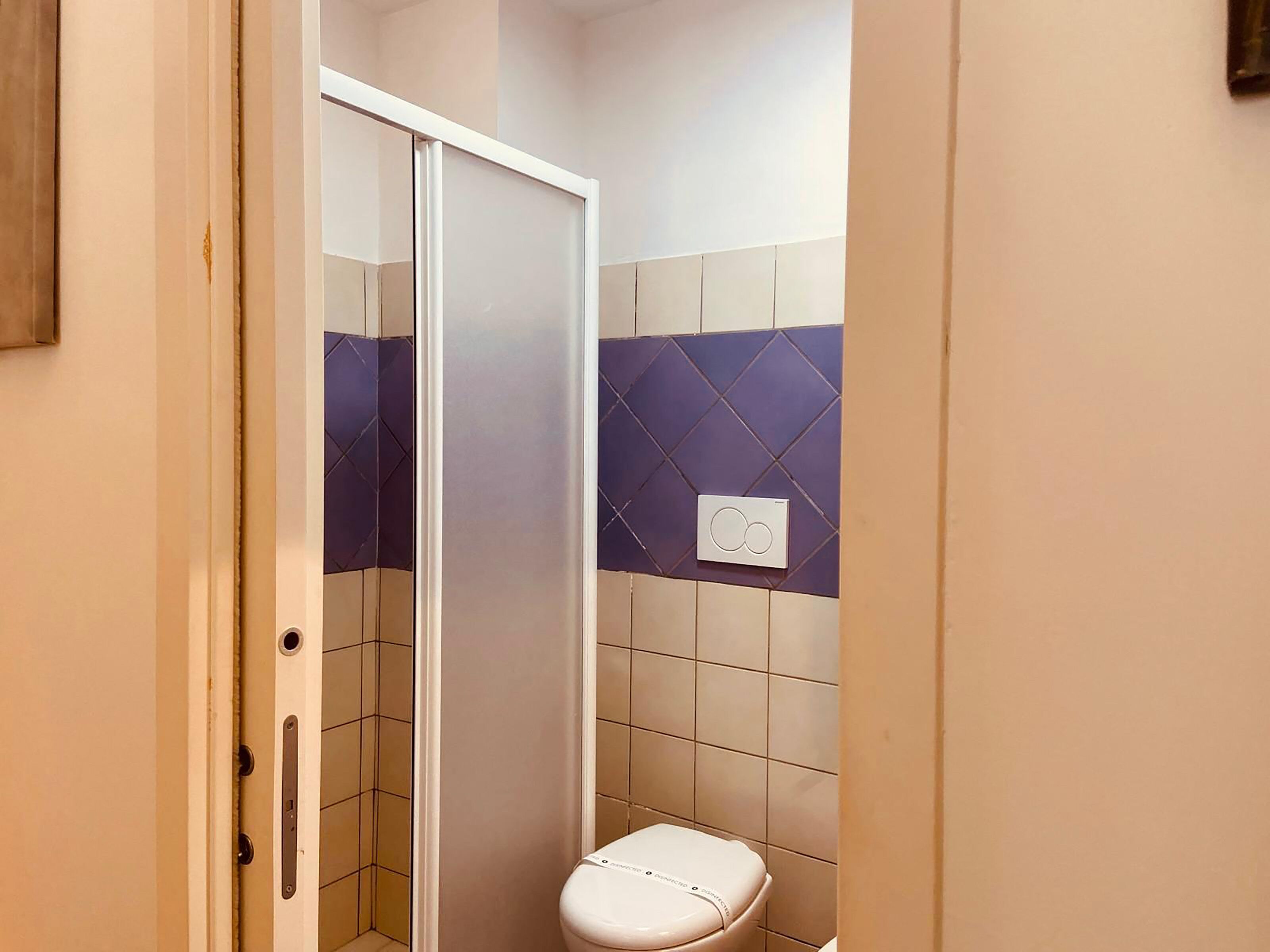 Une petite salle de bain comprenant des toilettes, une douche et un radiateur fixé au mur.