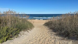 A sandy beach path leading to the ocean, flanked by tall grasses. - Summer Days 4 Bedroom Oceanfront Home (Kill Devil Hills)