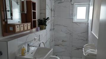 Shower, towels, toilet paper