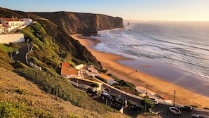 A coastal town with a beach, houses, and cliffs.