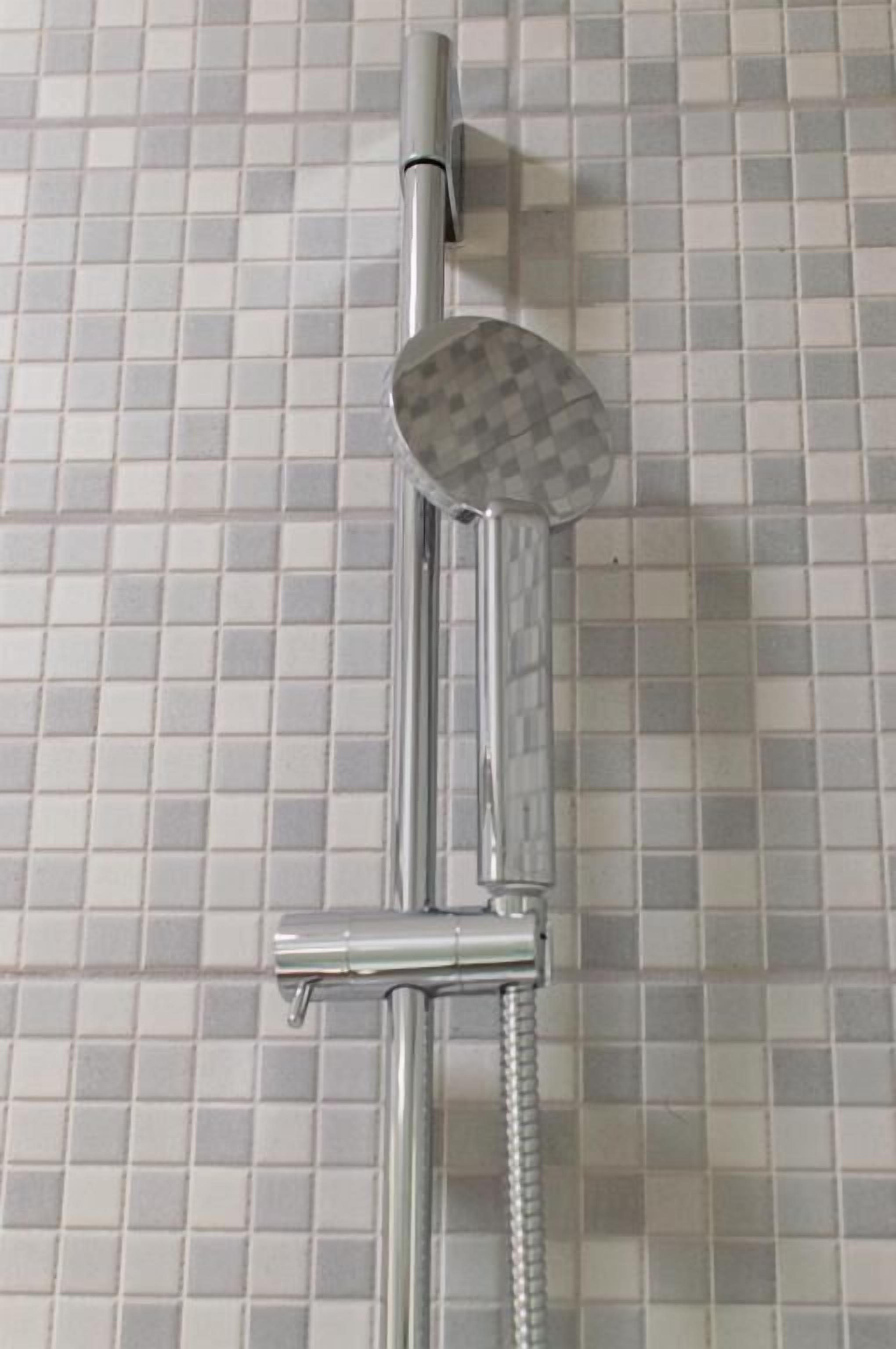 A shower with a handheld showerhead and a flexible hose.