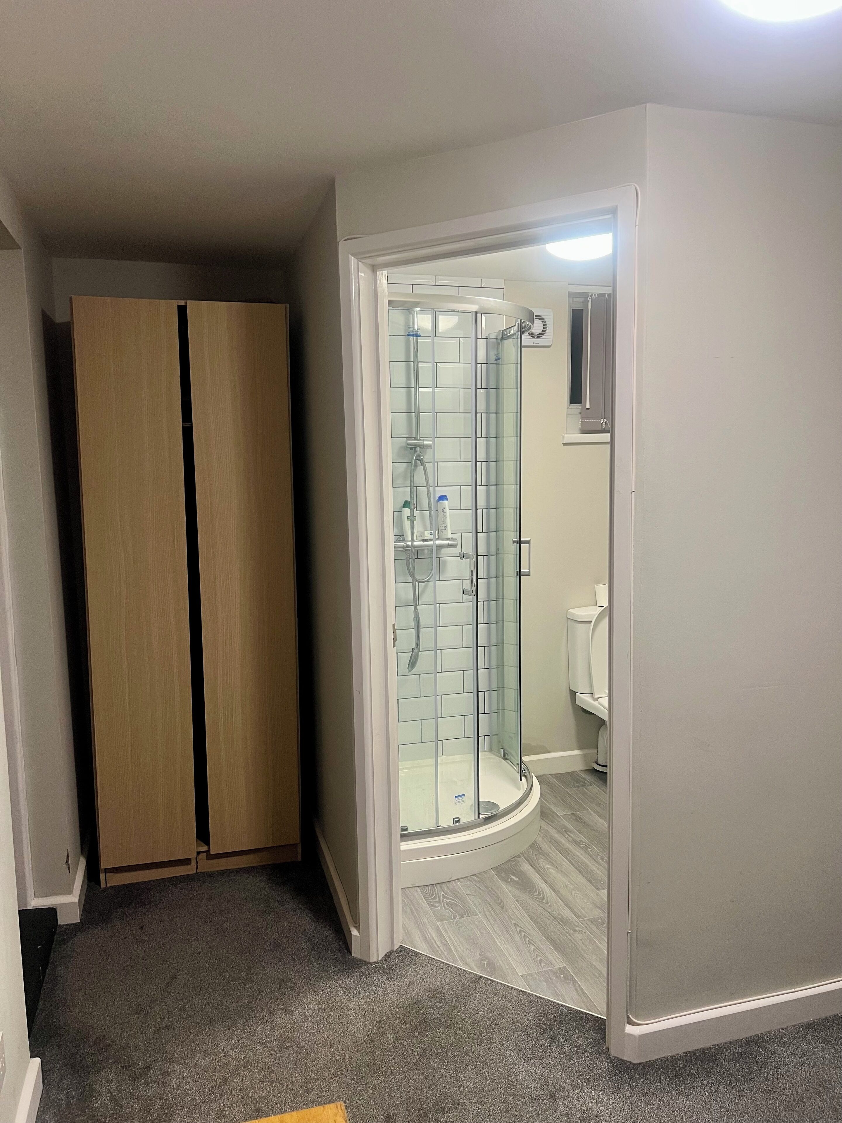 A bathroom with a glass shower enclosure, a toilet, and a wooden wardrobe.