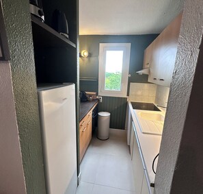 Eine kleine Küche mit Kühlschrank, Spüle und Fenster.