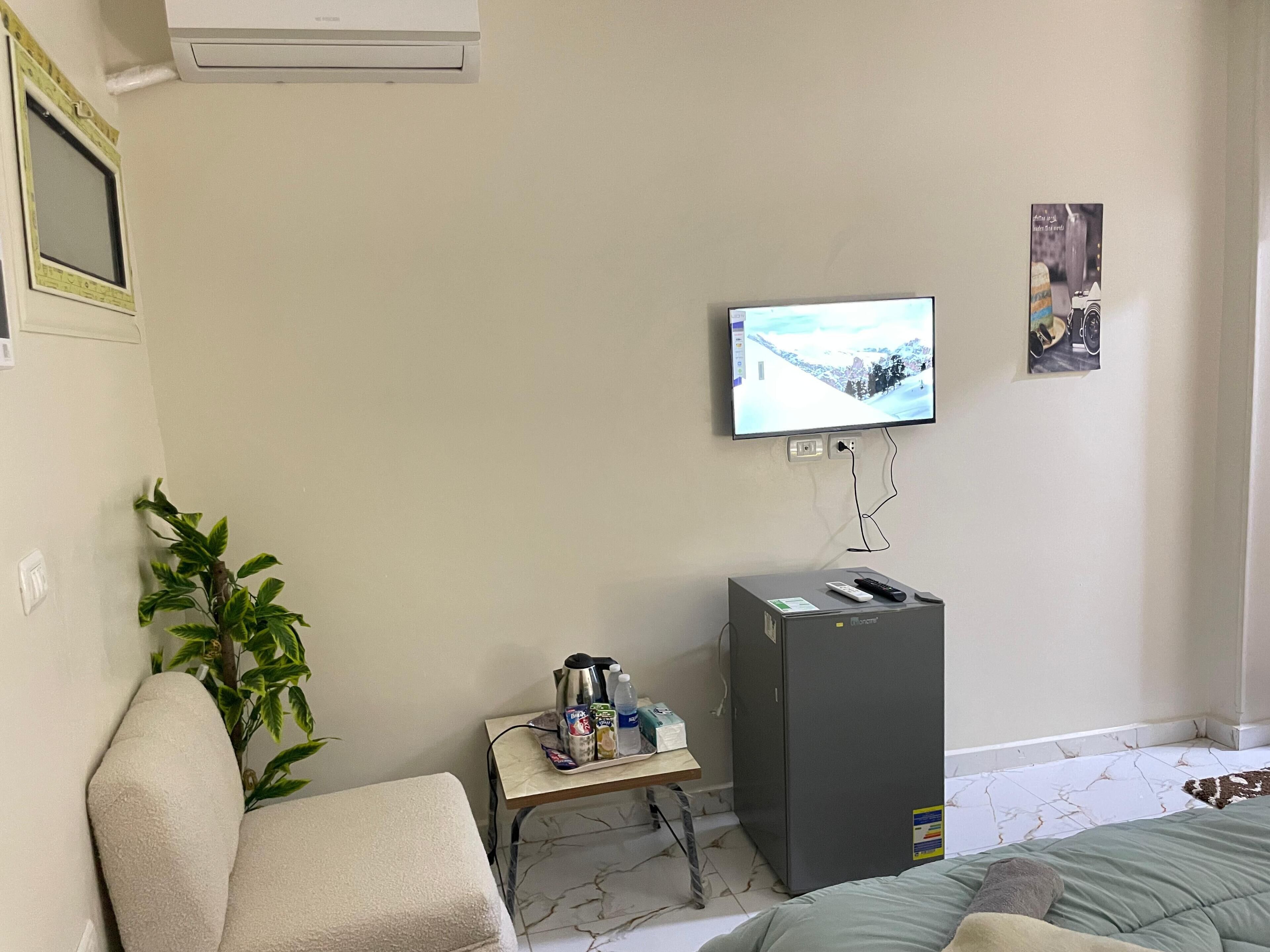 Une chambre d’hôtel avec un lit, une chaise, une petite table avec une plante, un réfrigérateur et un téléviseur fixé au mur.